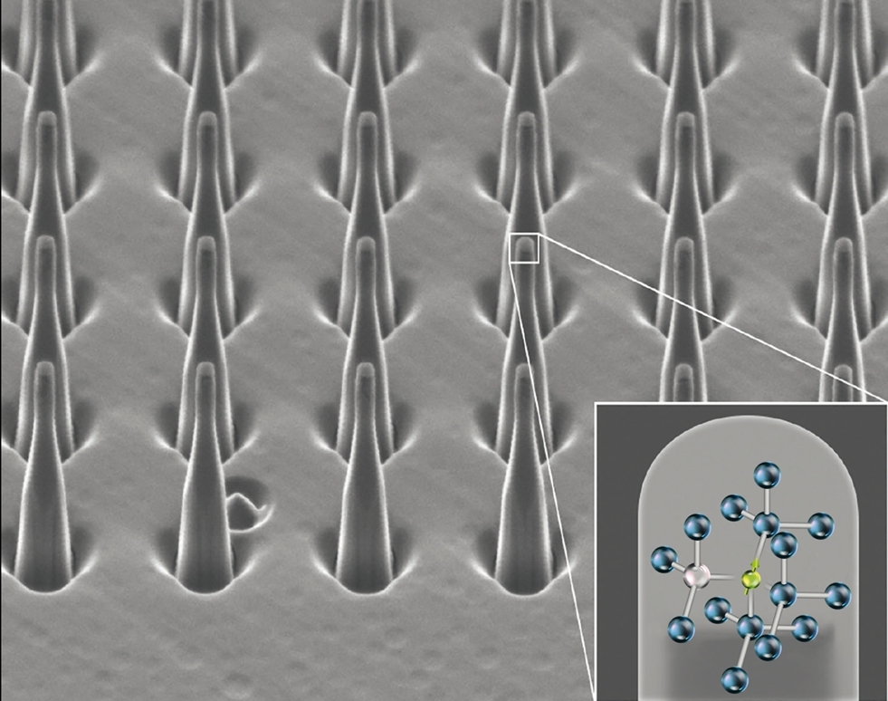 Das Fraunhofer IAF entwickelt Diamantspitzen mit eingebauten NV-Zentren für den Einsatz als Halbleiterbasierte Qubits.