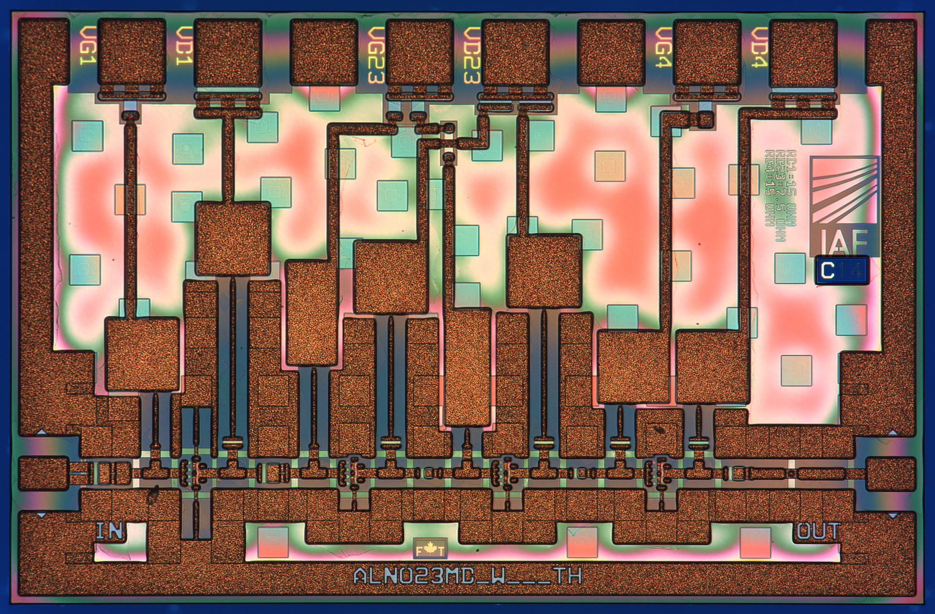 Macro image of a circuit produced by Fraunhofer IAF